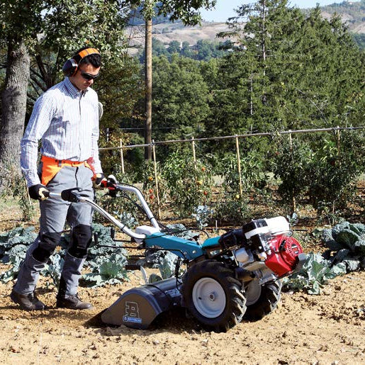 Bertolini 405 two-wheel walk-behind tractor with tiller box attachment preparing ground for a market garden or row planting crop