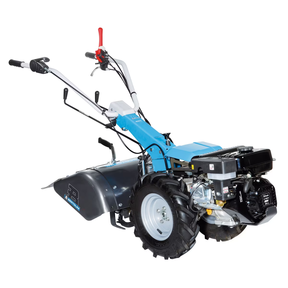 Bertolini 405 two-wheel walk-behind tractor with tiller box attachment for gardeners, market farms, homesteaders, vineyards and orchards.