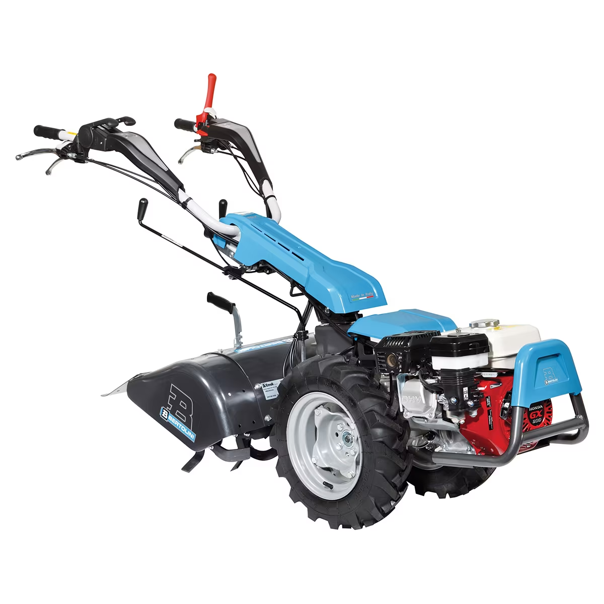 Bertolini 407  two-wheel walk-behind tractor with tiller box attachment for professional farms, market farms, homesteaders, vineyards and orchards.
