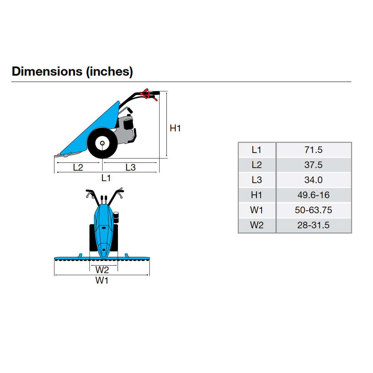 Bertolini 150 MS Sickle Bar Mower dimensions chart