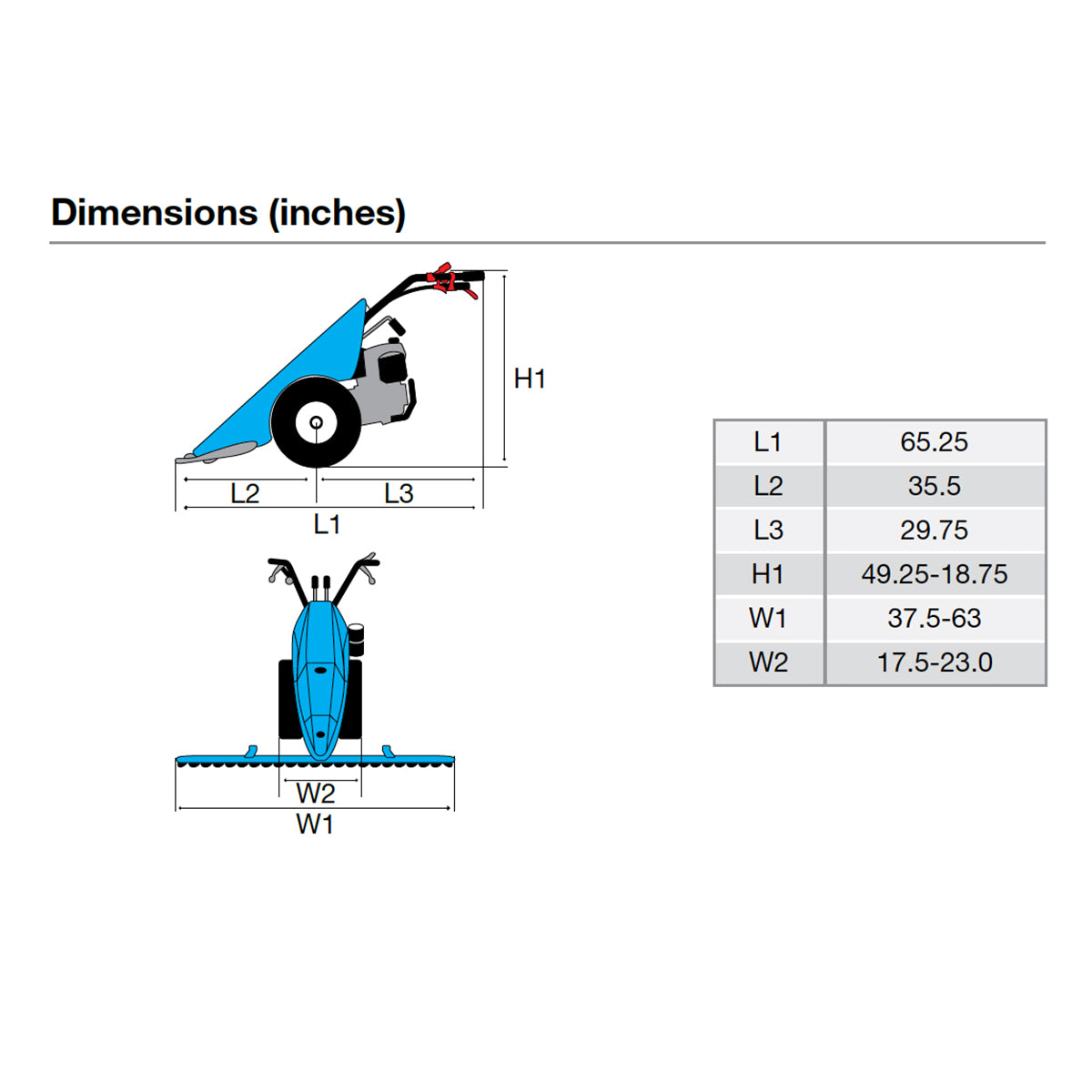 Bertolini 150 S Sickle Bar Mower dimensions chart