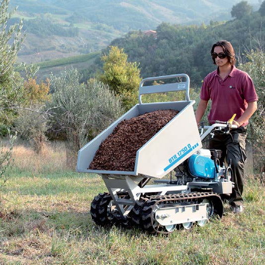 Bertolini BTR 1750 hydraulic dumping transporter power barrow dumping landscaping material on a homestead or small farm